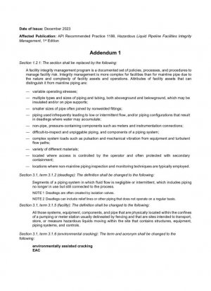 API Práctica Recomendada 1188, Gestión de la Integridad de Instalaciones de Tuberías para Líquidos Peligrosos, 1ª Edición, Adenda 1