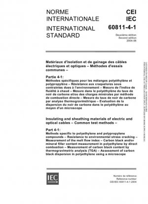 Materiales aislantes y de revestimiento de cables eléctricos y ópticos - Métodos de prueba comunes - Parte 4-1: Métodos específicos para compuestos de polietileno y polipropileno - Resistencia al agrietamiento por tensión ambiental - Medición del índice de flujo de fusión - Carbono bl