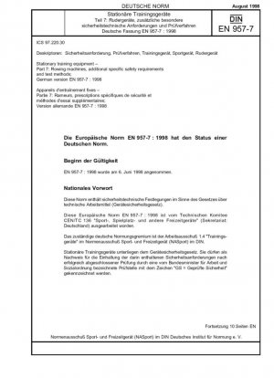 Equipos de entrenamiento estacionarios - Parte 7: Máquinas de remo, requisitos de seguridad específicos adicionales y métodos de prueba; Versión alemana EN 957-7:1998