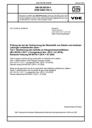 Ensayo sobre gases desprendidos durante la combustión de materiales de cables - Parte 1: Determinación del contenido de gas ácido halógeno (IEC 60754-1:2011 + corrección de errores de noviembre de 2013 + A1:2019); Versión alemana EN 60754-1:2014 + A1:2020